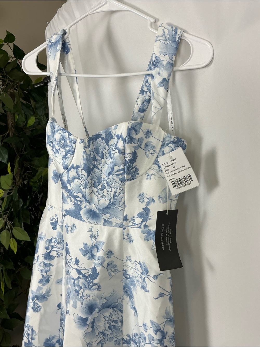 ALFRED SUNG Blue and White Floral Satin Bustier Maxi Dress - Picture 3 of 5